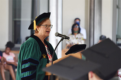 Jo Lynne DeMary '68, Ed.D. '82 presents the commencement address. 
