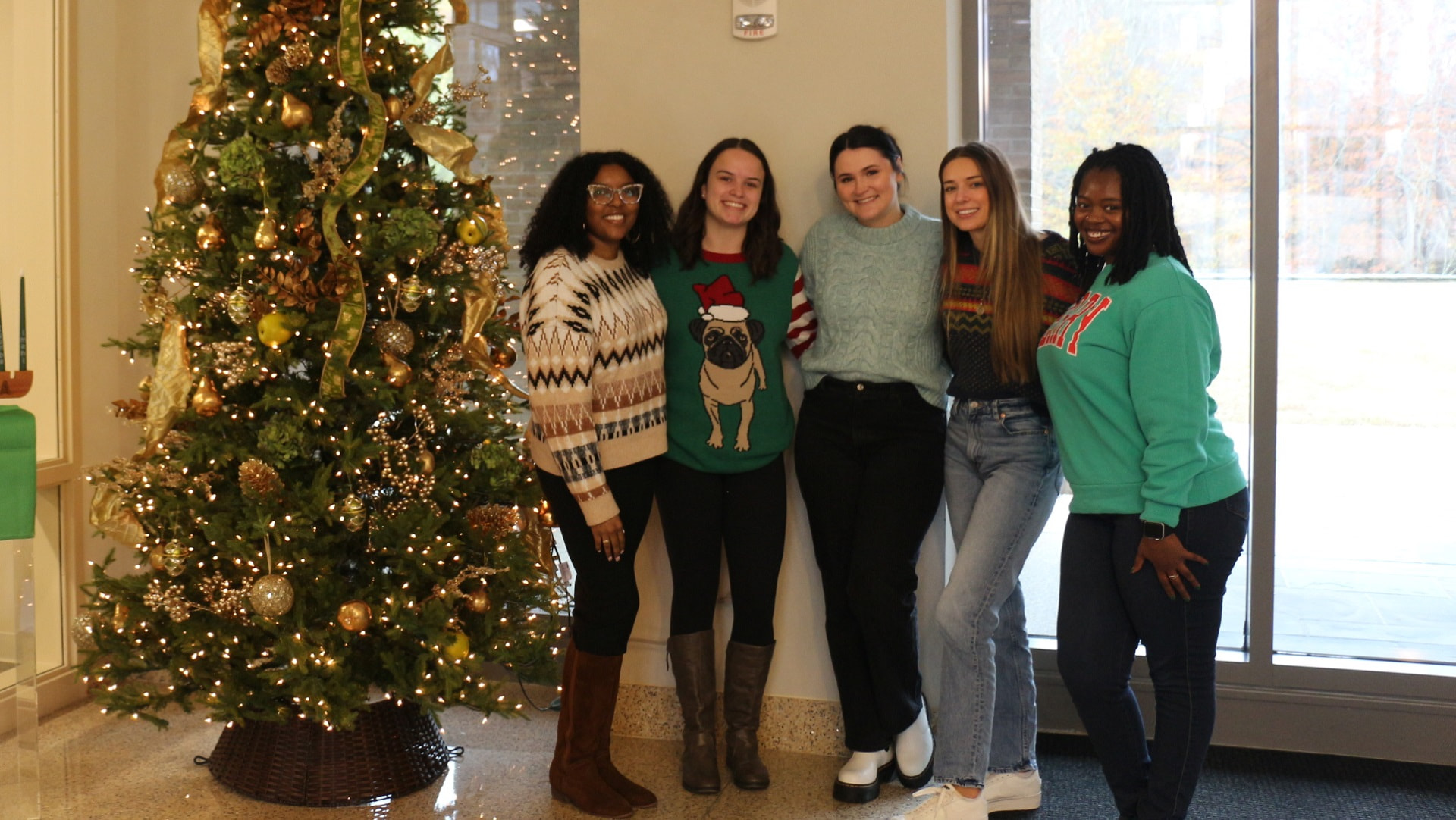 Five Students in Holiday Sweaters