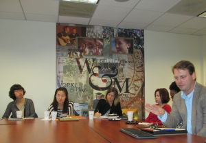 Visiting scholar Zheng Fang; doctoral students Jingzhu Zhang, Maria Carper, and Tina Manglicmot with Chris Mullin, Program Director for Policy Analysis, American Association of Community Colleges at the William & Mary, Washington D.C. office.