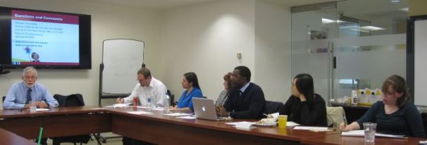 (Left to right: Vic Johnson, NAFSA, Phil Hess, Shelly Cihak, Debbie Grosser, Reginald Johns, Luyao Yan, and Elise Buckley at the CCSSO office in Washington DC