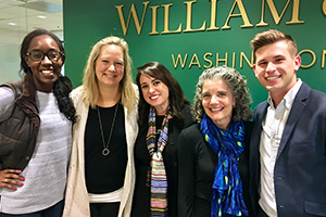 (Left to right) Erin Battle '13, M.Ed.’15 and Roxane Adler Hickey M.Ed. ’02 work in the W&amp;M Washington Center. They pose with Cristin Toutsi Grigos M.Ed.’08, Pamela Eddy, and Steven Lovern '13, M.Ed. ’17
