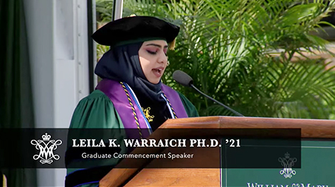 Leila Warraich Ph.D. '21 delivered the student address at the graduate Commencement ceremony. 