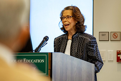 Janet Brown Strafer speaks during the dedication ceremony. {em}Photo by Skip Rowland '83{/em}