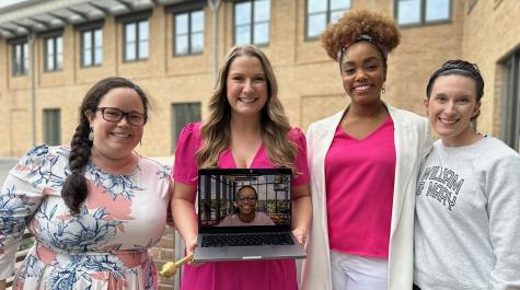Allison Fears (center) with dissertation co-chairs Leandra Parris (left) and Bianca Augustine (right), as well as committee members Amber Pope and Tameka Grimes (attending virtually)
