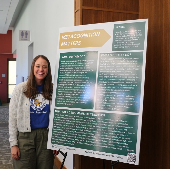 TRIP Fellow Megan Crowe stands with a poster of her one-page guide for teachers called "Metacognition Matters."