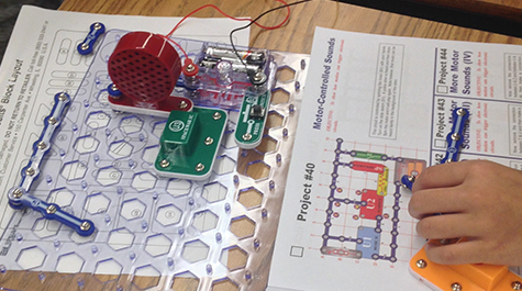 Students create projects with snap circuit kits during a STEM-a-thon hosted by the STEM Education Alliance.